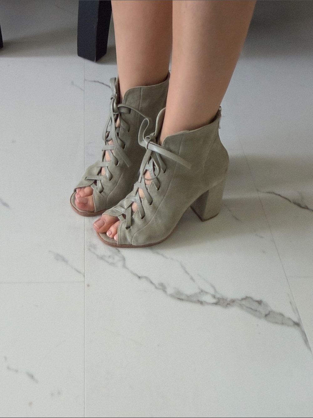 Chinese Laundry Lace-Up Peep Toe Block Heel Boots - Sage Green